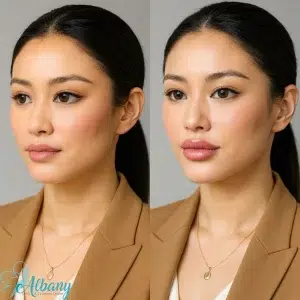 Split image: before and two weeks after hyaluronic acid lip filler with refined Cupid’s bow and balanced volume.