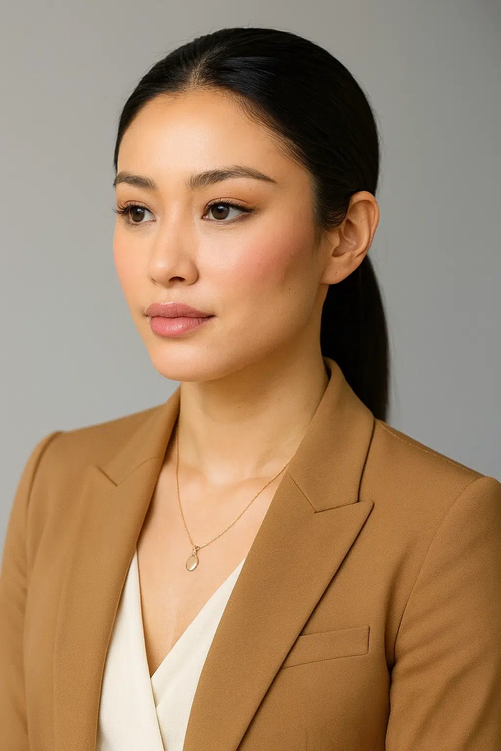 Professional headshot, 45° view; natural lips with mild asymmetry before treatment.