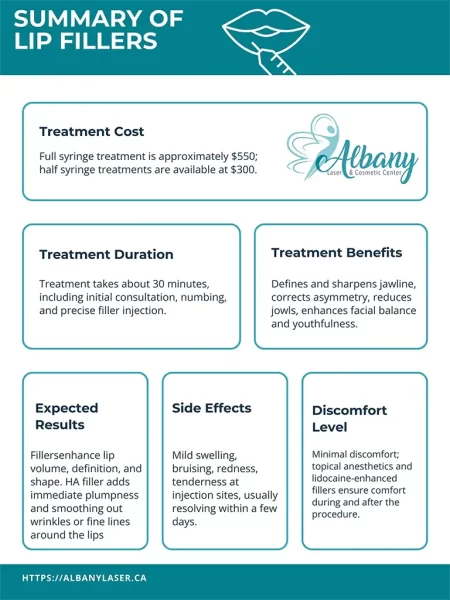 Infographic presenting lip filler treatments at Albany Cosmetic and Laser Centre. It includes details on Cost ($300 for half syringe, $550 for full syringe), Duration (30–45 minutes), Comfort (mild to moderate), Downtime (swelling lasting 24 hours), and Results (visible plumping and definition within days, full results in 7–14 days, lasting 6–12 months with routine touch-ups).