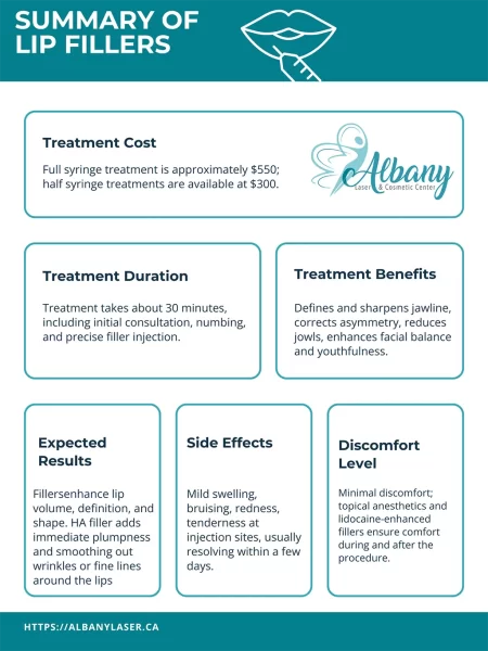 Infographic presenting lip filler treatments at Albany Cosmetic and Laser Centre. It includes details on Cost ($300 for half syringe, $550 for full syringe), Duration (30–45 minutes), Comfort (mild to moderate), Downtime (swelling lasting 24 hours), and Results (visible plumping and definition within days, full results in 7–14 days, lasting 6–12 months with routine touch-ups).