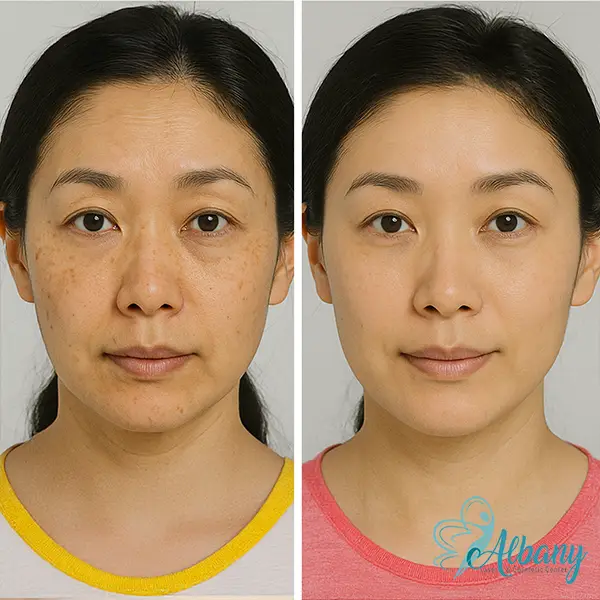 A split-screen comparison of another woman’s face before and after PRP injections in Edmonton. The left side shows uneven skin tone and pigmentation spots, whereas the right side reveals a more uniform complexion with reduced discoloration. The photo includes the Albany Laser & Cosmetic Center logo in the lower right corner.