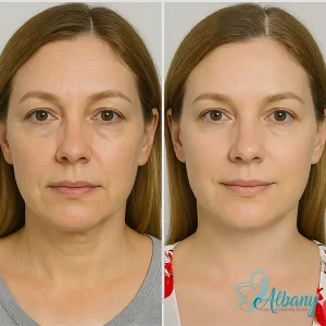 Side-by-side before and after photos of a woman’s face following PRP facial treatments at an Edmonton clinic. The left image shows visible under-eye circles and fine lines, while the right image displays smoother, more even skin tone. The Albany Laser & Cosmetic Center logo appears in the bottom right corner.