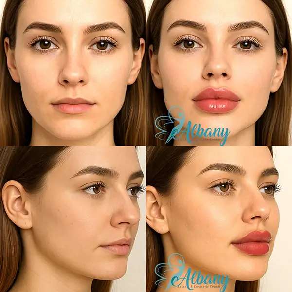 Lip injection before and after images of a young female patient at Albany Cosmetic and Laser Centre in Edmonton, highlighting fuller lips and improved contour.