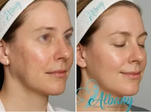 Before and after results of a female patient at Albany Cosmetic and Laser Centre in Edmonton following a combination treatment of Sculptra and CO₂ laser, showing smoother skin texture, reduced pigmentation, and a more radiant complexion.