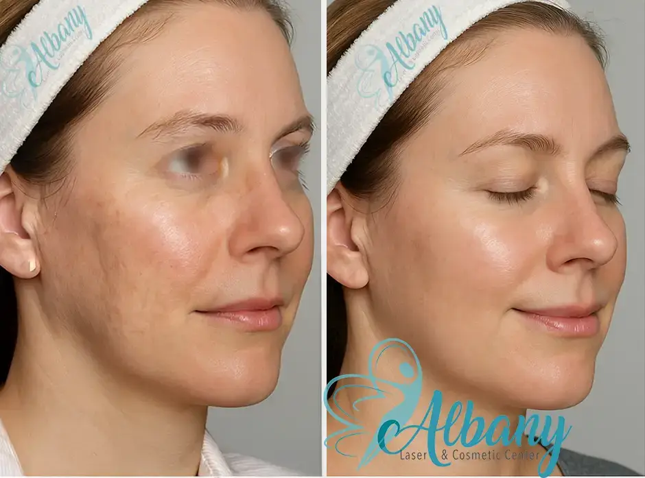 Before and after results of a female patient at Albany Cosmetic and Laser Centre in Edmonton following a combination treatment of Sculptra and CO₂ laser, showing smoother skin texture, reduced pigmentation, and a more radiant complexion.