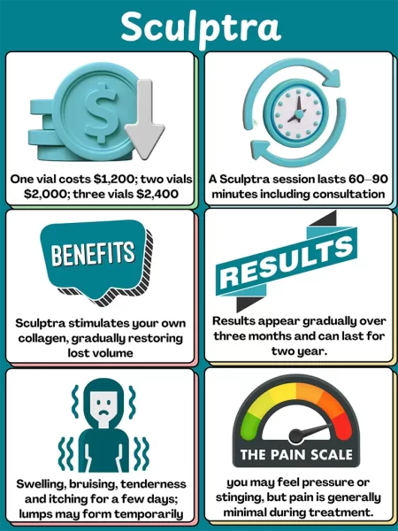 Infographic summarising key points about Sculptra: pricing tiers ($1,200 for one vial, $2,000 for two, $2,400 for three), a typical session lasting 60–90 minutes including consultation, benefits from stimulating your own collagen to restore lost volume, results that appear gradually over three months and can last up to two years, common side effects like swelling, bruising, tenderness, itching and temporary lumps, and a pain scale indicating mild pressure or stinging during treatment