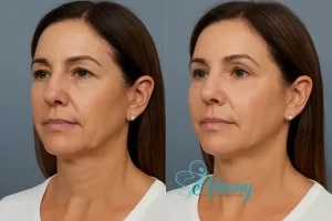 Side‑by‑side before‑and‑after photo of a female patient following Sculptra injections in Edmonton, highlighting fuller cheeks and smoother skin