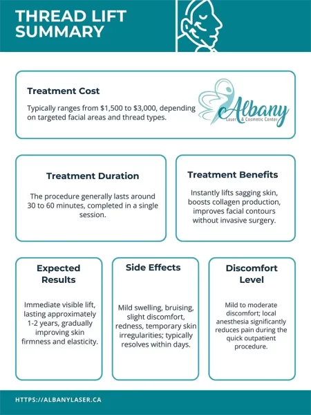 Infographic summarizing Thread Lift treatment at Albany Cosmetic and Laser Centre, covering cost, duration, benefits, expected results, side effects, and discomfort level.