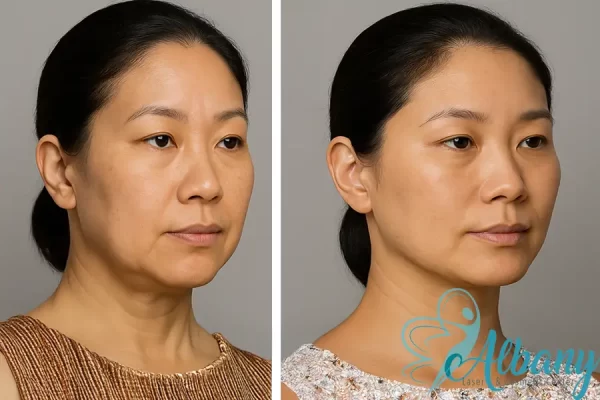 Asian woman before and after Ulthera (Ultherapy) treatment at Albany Cosmetic and Laser Centre in Edmonton, showing noticeably tighter jawline, reduced sagging along the cheeks, smoother under-chin area, and a more youthful facial contour.