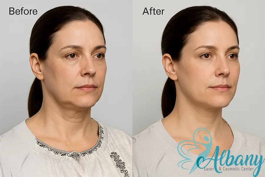 Before and after Ulthera (Ultherapy) treatment at Albany Cosmetic and Laser Centre in Edmonton, showing improved jawline definition, lifted lower face, and smoother neck skin in a woman in her 50s.