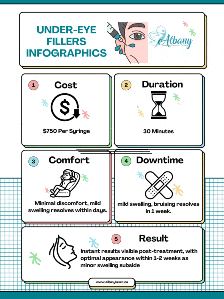 "Infographic summarizing chin filler treatment at Albany Cosmetic & Laser Centre, outlining cost, duration, comfort level, downtime, and expected results.