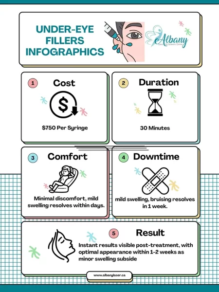 "Infographic summarizing chin filler treatment at Albany Cosmetic & Laser Centre, outlining cost, duration, comfort level, downtime, and expected results.
