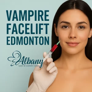 Promotional image for Vampire Facelift Edmonton at Albany Cosmetic & Laser Center, showing a woman with flawless skin and a syringe filled with red PRP solution near her cheek, symbolizing rejuvenation through platelet-rich plasma therapy.