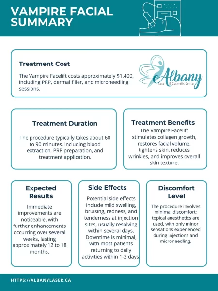 Vampire Facial Summary infographic detailing treatment cost, duration, benefits, results, side effects, and discomfort level at Albany Cosmetic and Laser Centre.