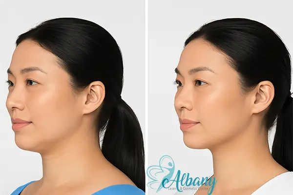 side view comparison of an Asian woman's chin before and after treatment, highlighting improved jawline contour.