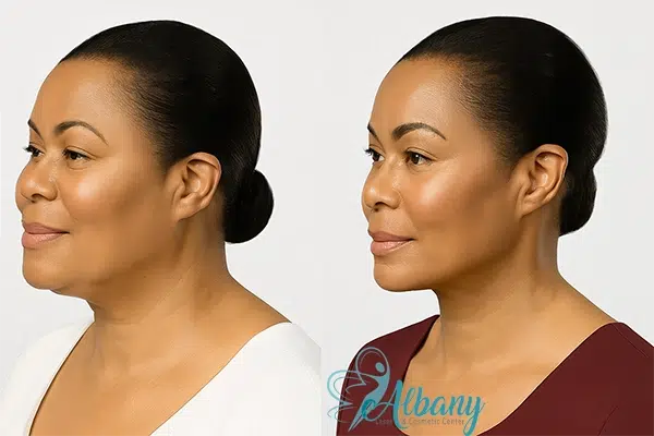 side view comparison of a black woman's chin before and after Belkyra treatment, highlighting improved jawline contour.