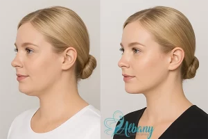 side view comparison of a blond woman's chin before and after Belkyra treatment, highlighting improved jawline contour.