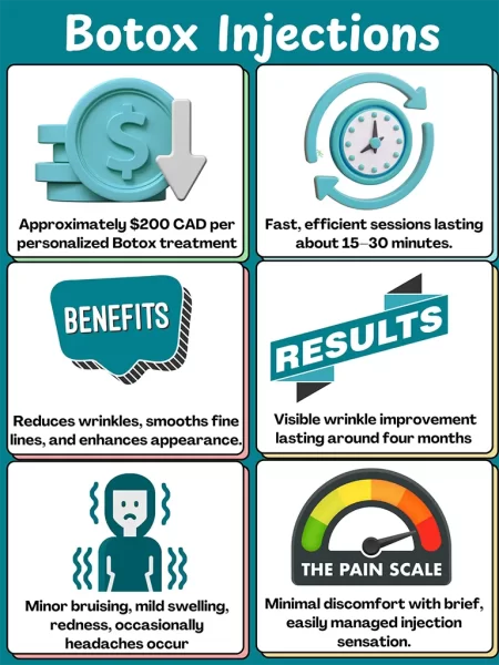Infographic summarizing Botox injections at Albany Cosmetic and Laser Centre in Edmonton, highlighting treatment cost, duration, benefits, expected results, common side effects, and patient comfort level for informed decision-making.