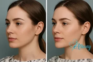 Side-by-side results of chin filler at Albany Cosmetic and Laser Centre, demonstrating a more balanced and contoured jawline.