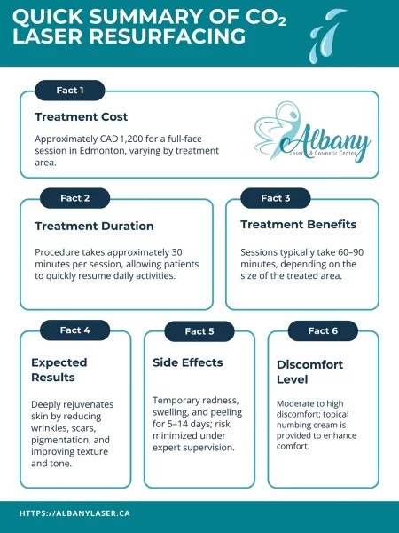 Infographic titled 'Quick Summary of CO₂ Laser Resurfacing' outlining treatment cost (approximately CAD 1,200), duration (60-90 minutes), benefits (skin rejuvenation, wrinkle reduction, scar improvement), expected results (smoother, tighter skin), side effects (temporary redness, swelling, peeling), and discomfort level (moderate to high), provided by Albany Cosmetic and Laser Centre, Edmonton.