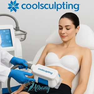 Woman receiving CoolSculpting treatment on abdomen at Albany Cosmetic and Laser Centre in Edmonton.