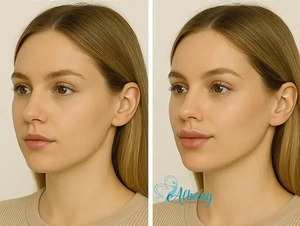 Before and after profile of a young woman with fuller lips and refined facial volume after dermal fillers at Albany Cosmetic and Laser Centre.