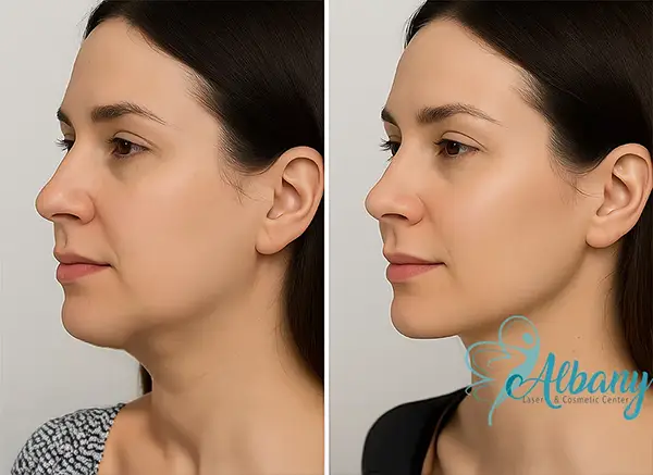 Before and after double chin treatment on a young woman showing a slimmer jawline and enhanced contour at Albany Cosmetic and Laser Centre.