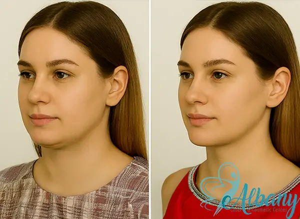 Side profile of a woman before and after double chin treatment, highlighting improved jawline definition at Albany Cosmetic and Laser Centre.