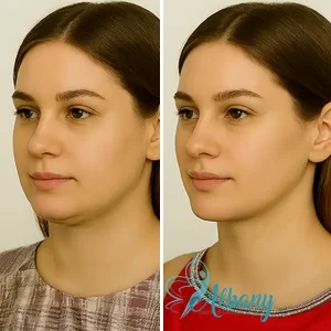 Before and after double chin treatment on a young woman, showing a more defined chin and contoured jawline at Albany Cosmetic and Laser Centre