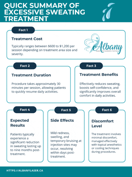 Infographic summarizing excessive sweating treatment at Albany Cosmetic and Laser Centre, detailing cost, duration, benefits, expected results, side effects, and discomfort level.