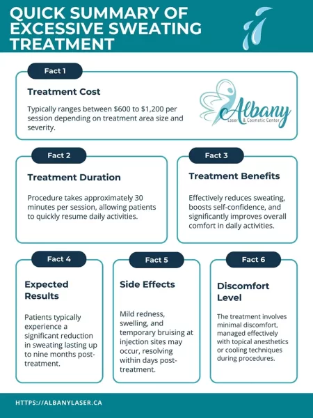 Infographic summarizing excessive sweating treatment at Albany Cosmetic and Laser Centre, detailing cost, duration, benefits, expected results, side effects, and discomfort level.