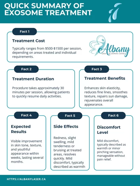 Infographic titled 'Quick Summary of Exosome Treatment' highlighting key facts about treatment cost ($500-$1500), duration (30 minutes), benefits (enhanced elasticity and texture), results (visible improvement), side effects (minimal redness or swelling), and discomfort level (mild warmth or pinch sensation), provided by Albany Cosmetic and Laser Centre, Edmonton.