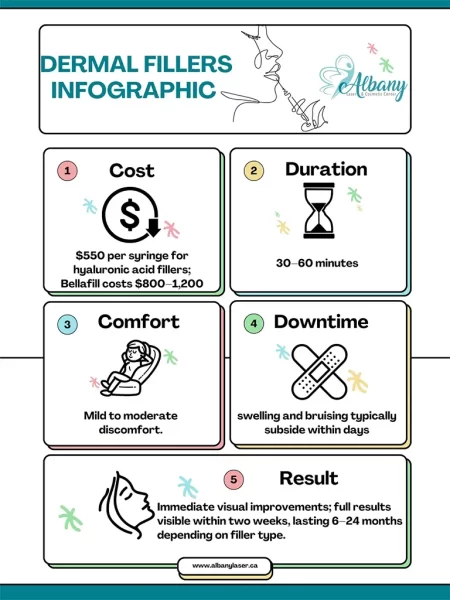 Infographic on Dermal Fillers by Albany Cosmetic & Laser Centre highlighting Cost ($550–$1200), Duration (30–60 mins), Comfort (mild-moderate), Downtime (minor swelling/bruising), and Results (immediate; lasting 6–24 months).