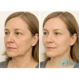 45-degree angle before and after photos of a middle-aged woman after marionette line treatment at Albany Cosmetic and Laser Centre in Edmonton. The 'before' photo displays noticeable folds and marionette lines, while the 'after' image shows a firmer jawline and visibly softened lines.