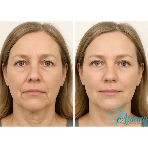 Front-facing before and after photos of a middle-aged woman showing marionette line treatment results at Albany Cosmetic and Laser Centre in Edmonton. The 'before' image reveals deep lines around the mouth and sagging, while the 'after' image shows smoother skin, lifted mouth corners, and enhanced facial contour.