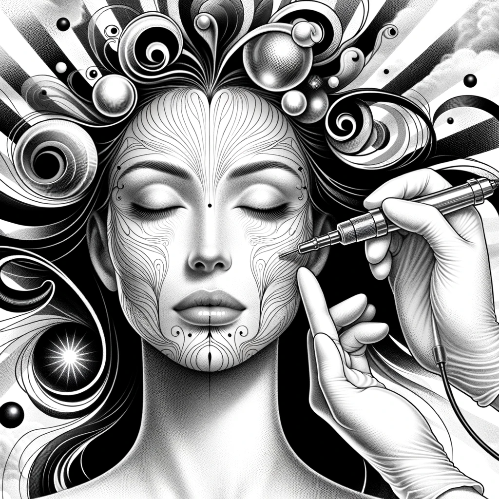 Black and white surreal illustration of a woman receiving dermal fillers aftercare. The woman is seated in a calm, elegant environment with soft light and shadows. Gentle hands apply ice packs to her cheeks, a subtle aura surrounds her face symbolizing healing, and delicate lines depict instructions for avoiding sunlight and massaging the face.