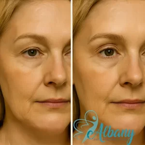 Improvement in eyelid sagging and reduced under-eye wrinkles after non-surgical laser eyelid lift at Albany Cosmetic and Laser Centre.