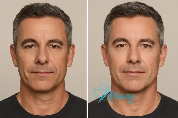Front view of a male patient showing before and after Sculptra treatment, with more defined cheek volume and softened nasolabial folds.