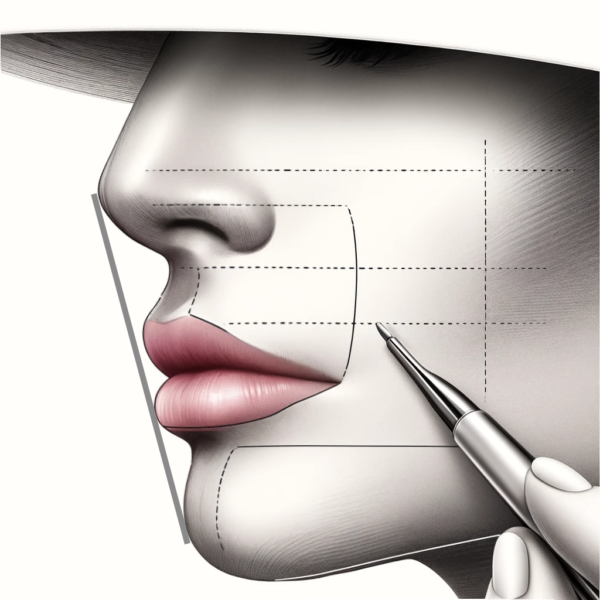 A facial alignment diagram showing a line dropping straight from the nose to the lower lip, illustrating the ideal chin position. A side profile view demonstrates the chin in harmony with the tips of the nose and lips, emphasizing balanced and natural facial features