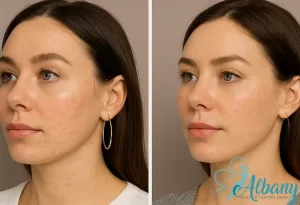 Side-by-side comparison photos highlighting significant skin improvements after thread lift, including reduced wrinkles and smoother complexion, at Albany Cosmetic and Laser Centre