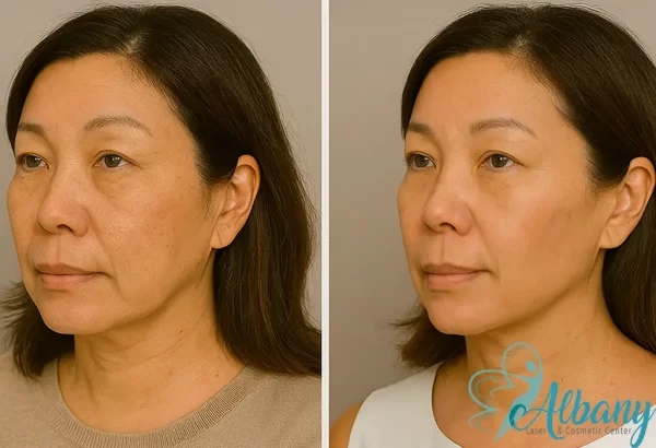 Before and after treatment images illustrating refreshed and radiant facial appearance achieved through aesthetic services at Albany Cosmetic and Laser Centre.