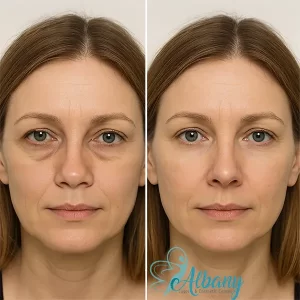 Before and after results of tear trough filler on a middle-aged Caucasian woman at Albany Cosmetic and Laser Centre, showing visibly diminished under-eye bags and rejuvenated appearance.