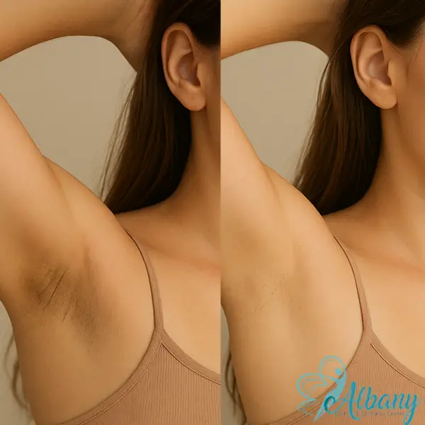 Before and after image showing significant underarm lightening results following 4 sessions of cosmetic skin treatment at Albany Cosmetic and Laser Centre