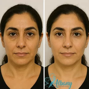 Before and after photos of an older East Asian woman showing visible reduction in wrinkles and puffiness under the eyes after filler treatment.