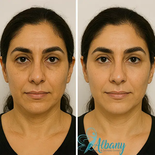 Before and after photos of an older East Asian woman showing visible reduction in wrinkles and puffiness under the eyes after filler treatment.