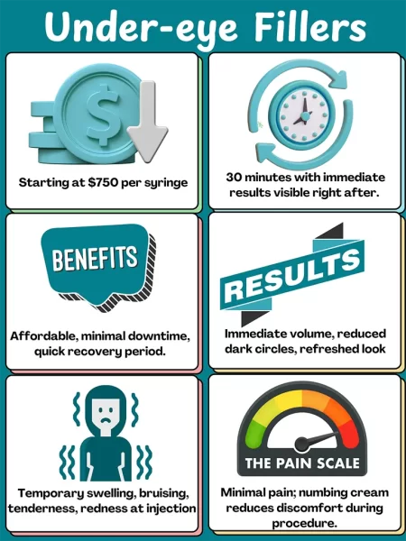 Infographic highlighting Under-eye Fillers: Starting at $750/syringe, 30-minute procedure, affordable with minimal downtime, immediate volume and reduced dark circles, temporary swelling/bruising, minimal discomfort.