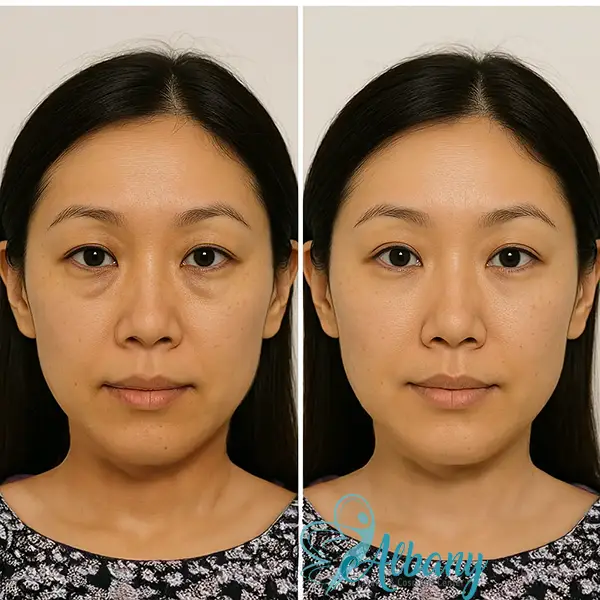 Before and after under-eye filler treatment on an Asian woman at Albany Cosmetic and Laser Centre, showing reduced dark circles and smoother skin